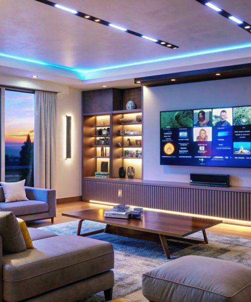 Modern living room with large TV and LED lights.